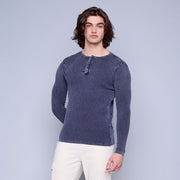 MEN'S HENLEY SWEATER - NAVY ACID WASH