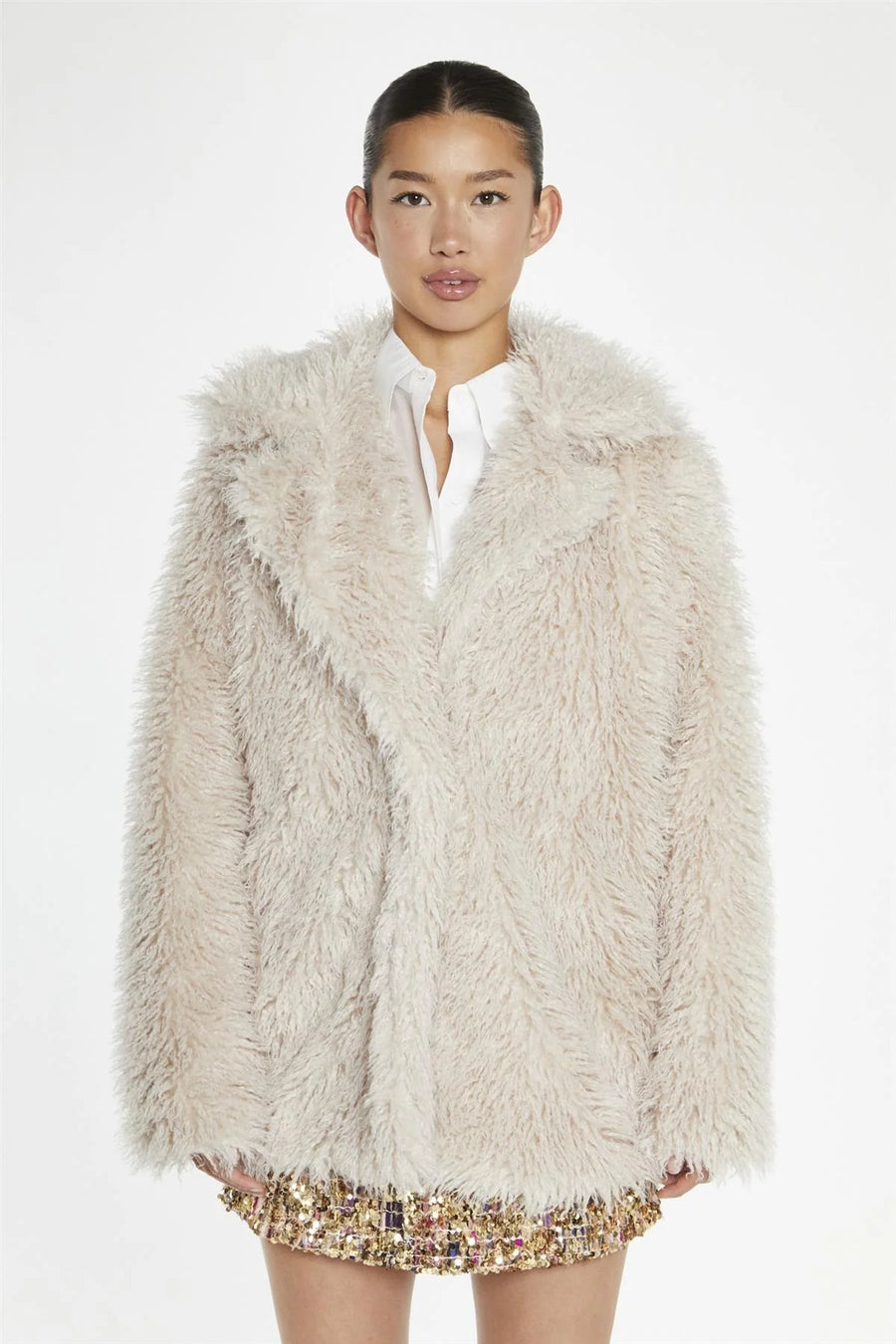 WOMEN'S LIGHT STONE FAUX FUR COAT