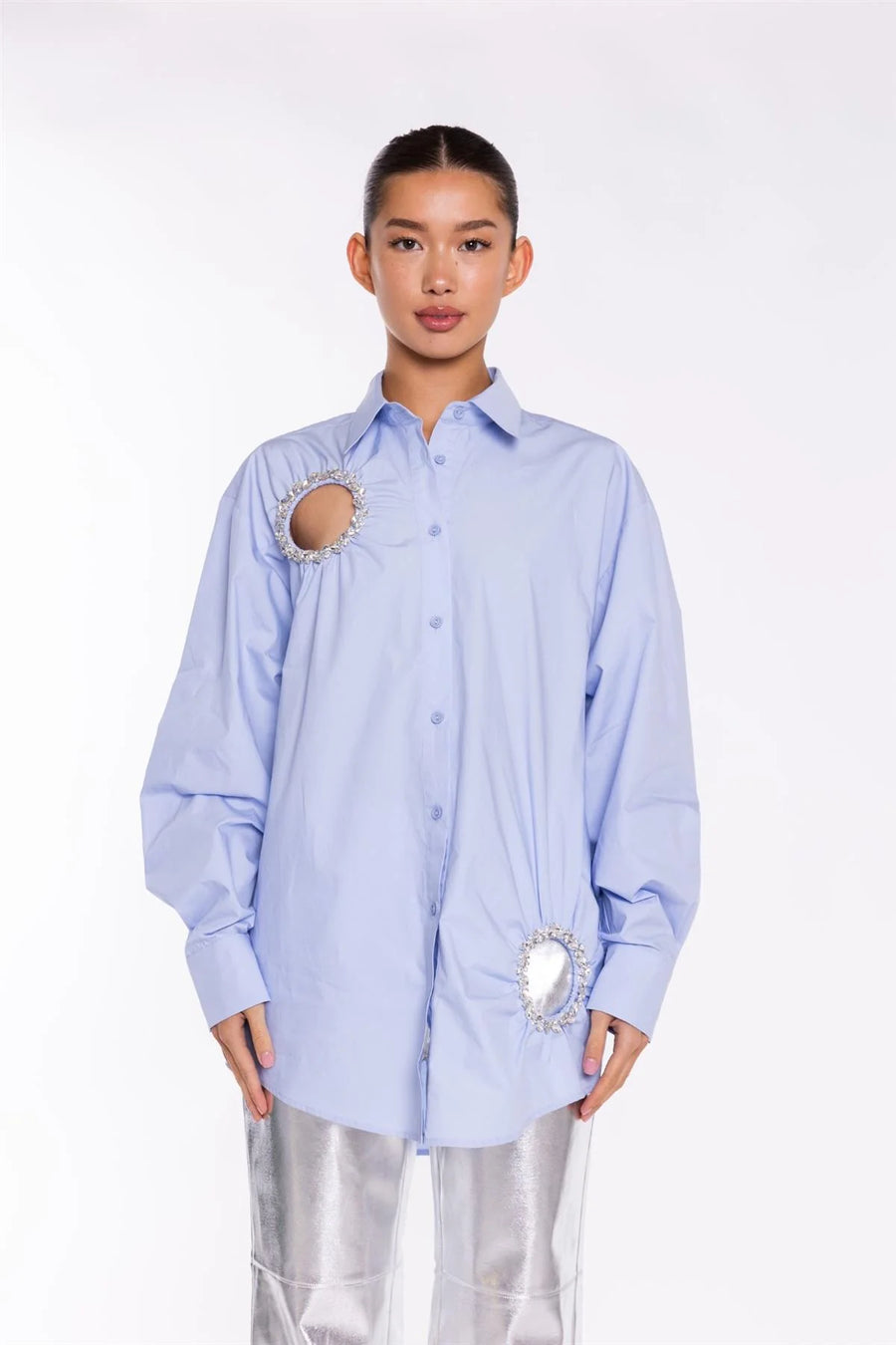 WOMEN'S LIGHT BLUE RHINESTONE CUT OUT SHIRT