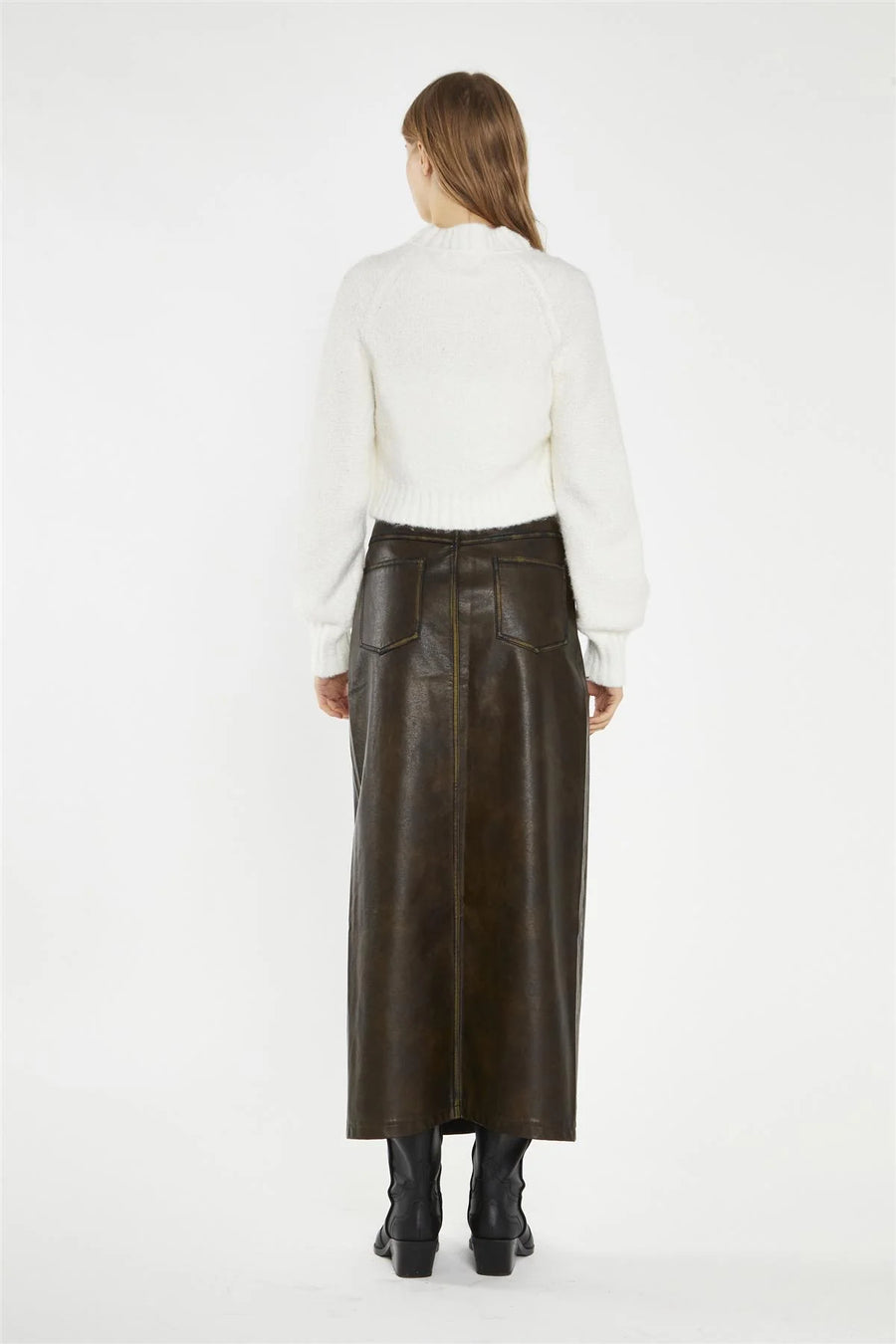 WOMEN'S DISTRESSED OLIVE BROWN MIDI SKIRT