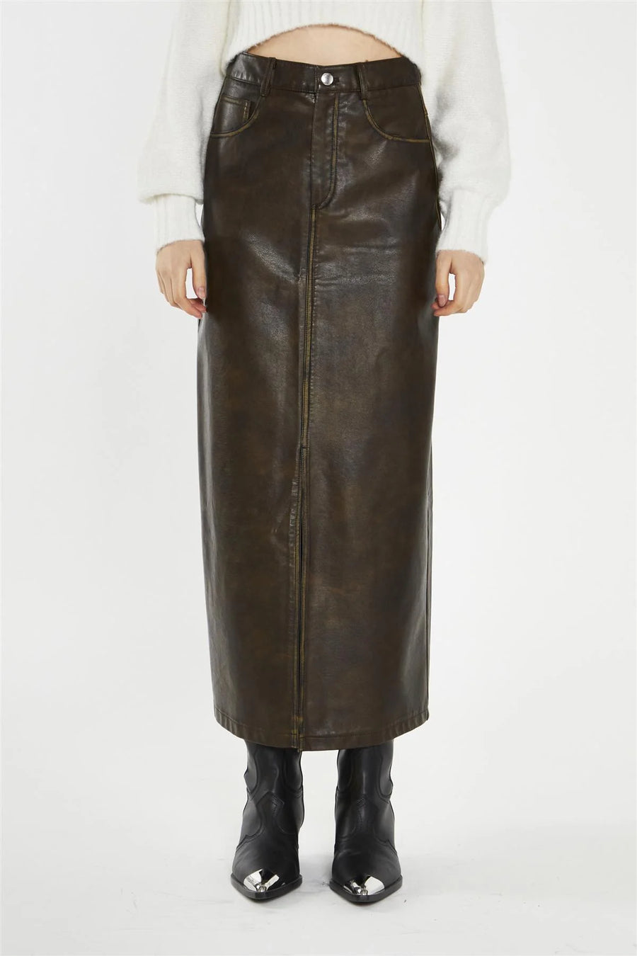 WOMEN'S DISTRESSED OLIVE BROWN MIDI SKIRT