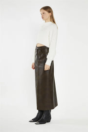 WOMEN'S DISTRESSED OLIVE BROWN MIDI SKIRT