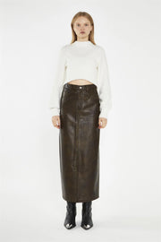 WOMEN'S DISTRESSED OLIVE BROWN MIDI SKIRT