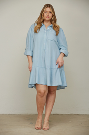 WOMEN'S PLUS WASHED TENCEL FLOUNCE HEM SHIRT DRESS