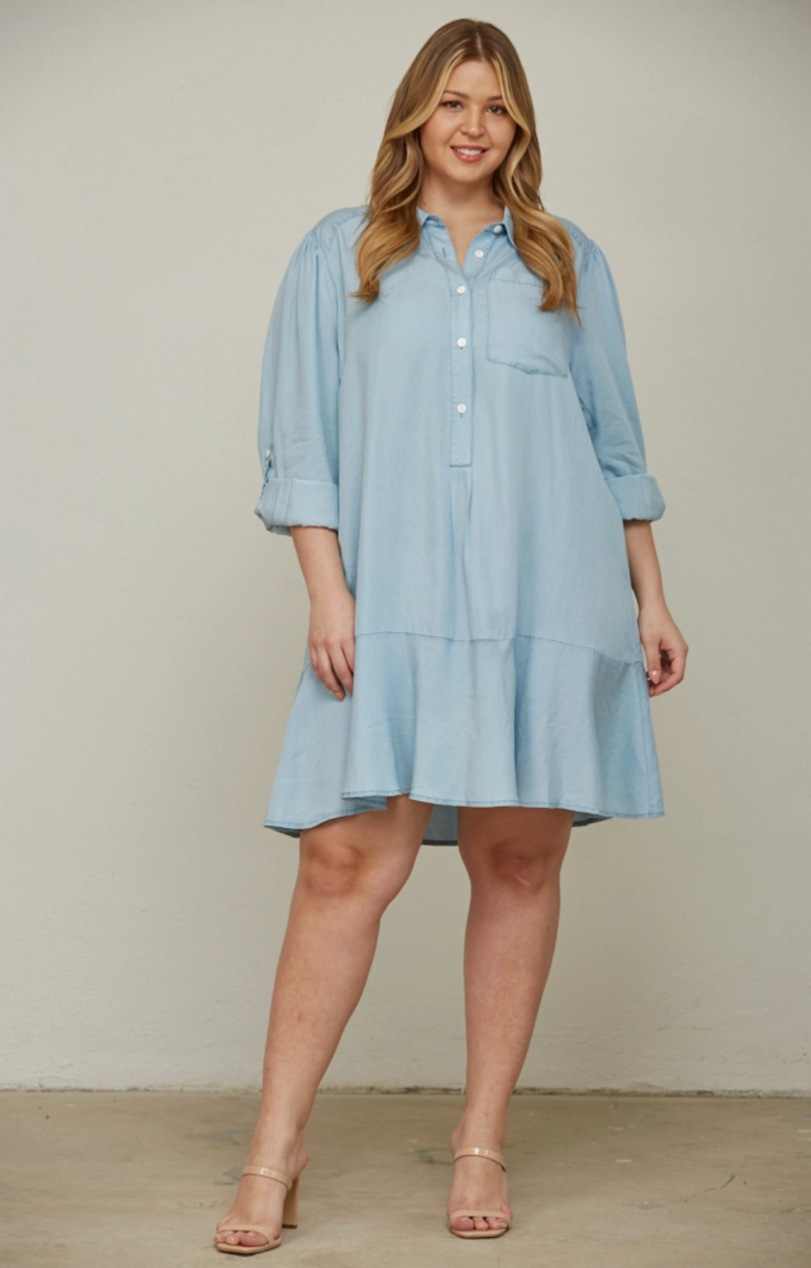 WOMEN'S PLUS WASHED TENCEL FLOUNCE HEM SHIRT DRESS