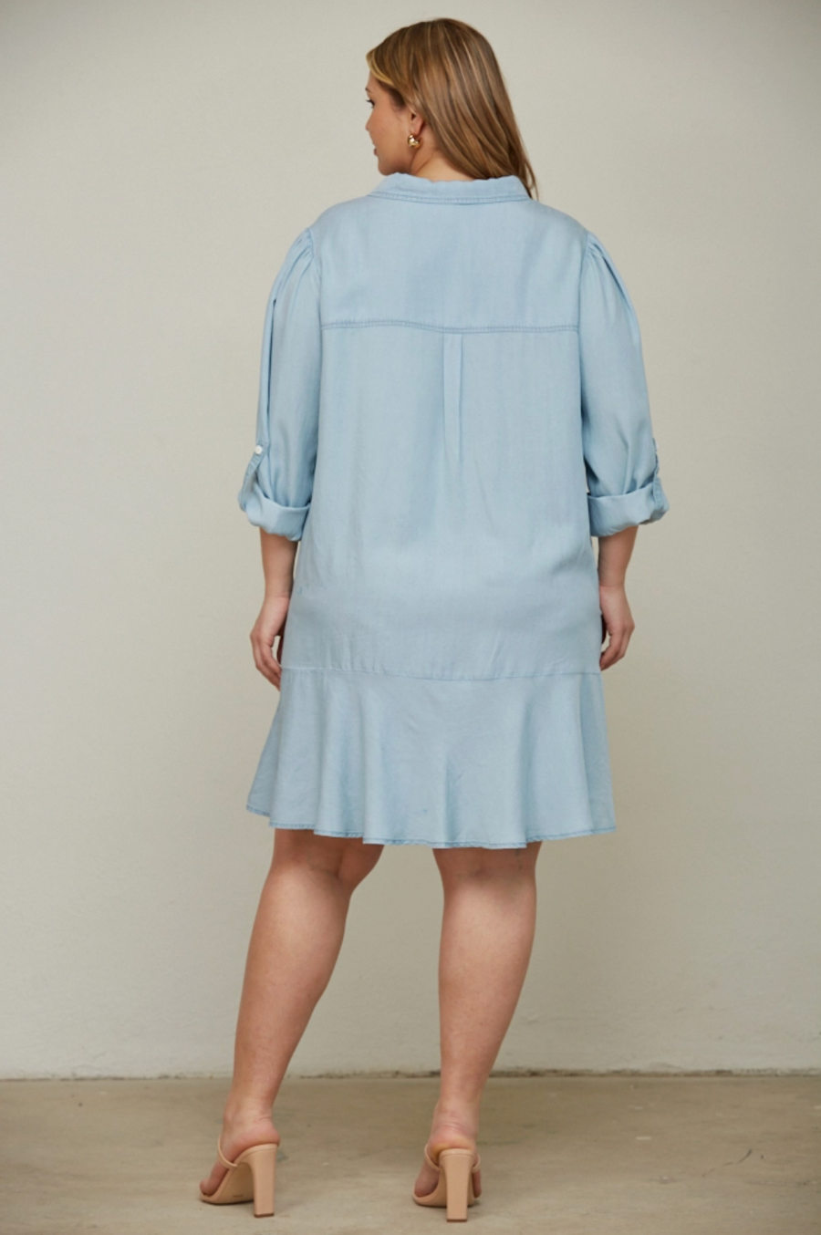 WOMEN'S PLUS WASHED TENCEL FLOUNCE HEM SHIRT DRESS