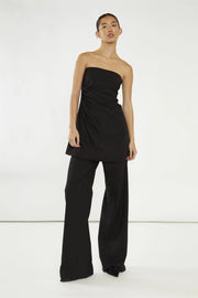 WOMEN'S BLACK GATHERED WAIST LONG-LINE TOP